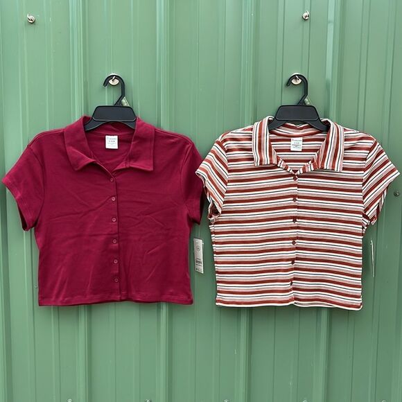 Women’s Button Front Cropped Striped Polo Shirt 2-Pack Size XL - Picture 1 of 11